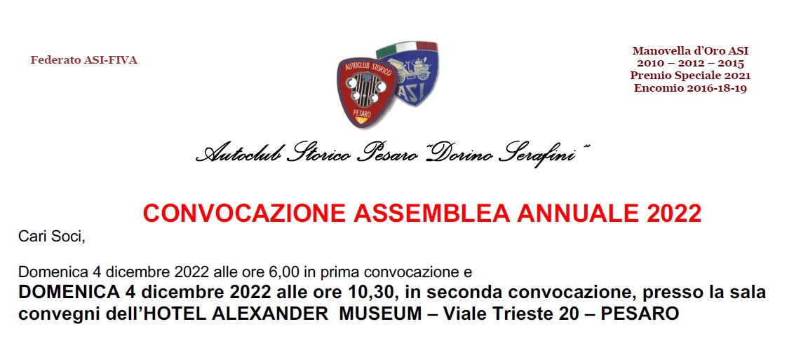Domenica 4 dicembre alle ore 10,30 ci sarà l’assemblea del Club relativa all’anno 2021 all’Hotel Alexander Museum – Viale Trieste 20- Pesaro.