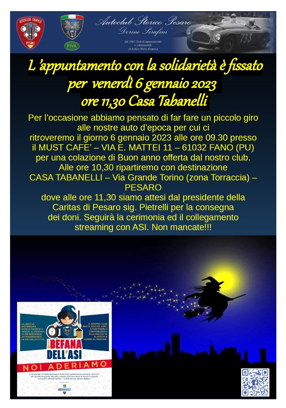 Tutto pronto per domani con il primo evento dell’anno quello della solidarietà: LA BEFANA DELL’ASI.