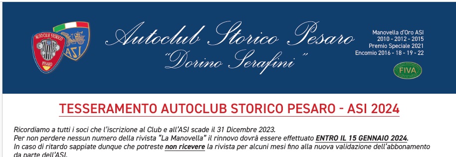 TESSERAMENTO AUTOCLUB STORICO PESARO – ASI 2024
